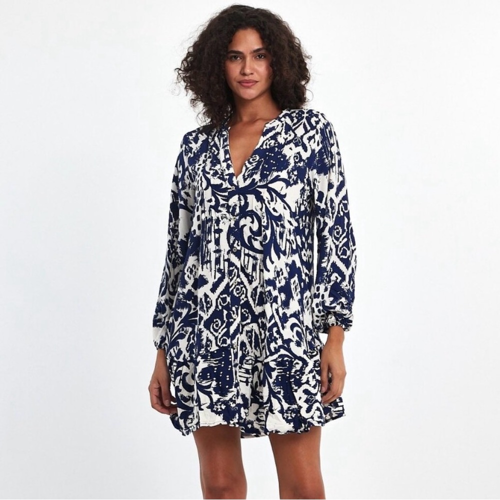 Zara Blue and White Long sleeve Dress with Buttons, Small